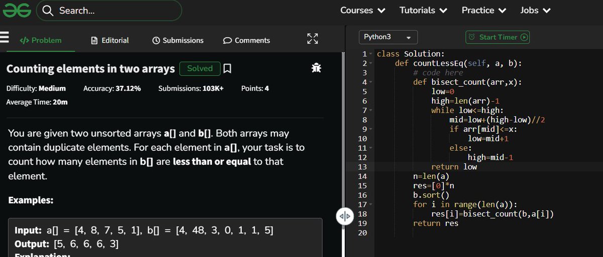 kalyanisana2005's tweet photo. Day 72 of #100DaysOfCode
 🗒️ Problem: Count Elements in two arrays
 📖 Approach: Sort + Binary Search Helper Function ⏱️ Time Complexity: O(n log n) 
📦 Space Complexity: O(n)
 #geeksforgeeks #python #DSA https://t.co/x6SC47XJri