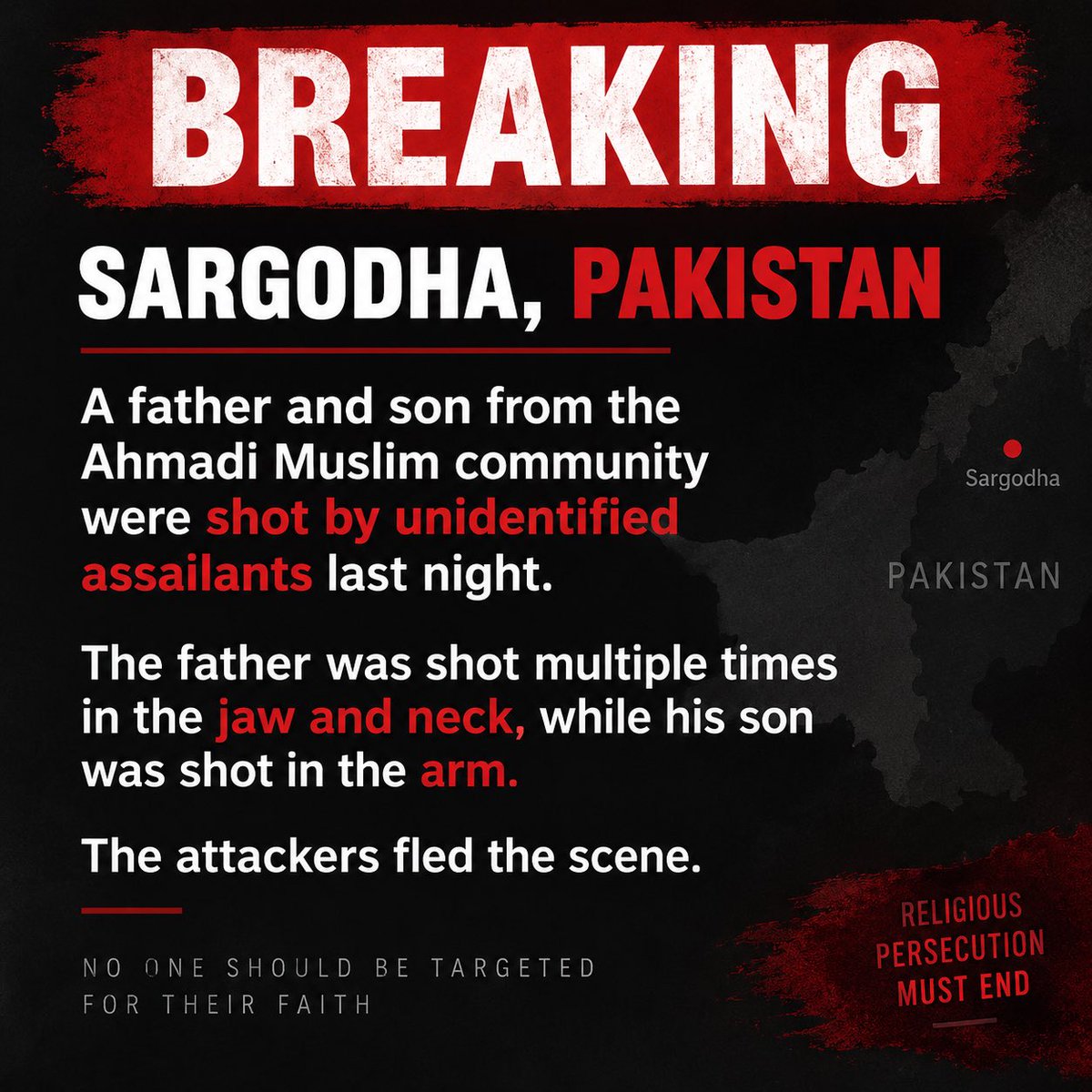 faith_defence's tweet photo. 🚨 BREAKING — SARGODHA, PAKISTAN

Horrifying attack on the Ahmadi Muslim community.

A father and son were gunned down by unidentified assailants last night. The father was shot 4 times in the jaw and neck, while his son was shot in the arm.

The attackers fled. Updates to follow https://t.co/AJF88zWR2t