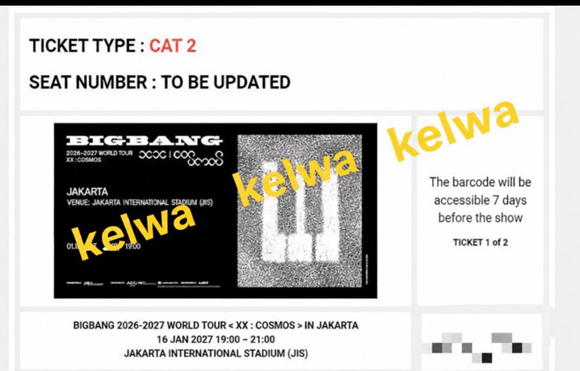 piwaahae's tweet photo. want to sell
BIGBANG <XX: COSMOS> IN JAKARTA

🎫Diamond VIP (2tix) - Member Presale
🎫Gold VIP  (2tix) - Member Presale
🎫Cat 1B (2tix) - Member Presale
🎫Cat 2 (2tix) - Member Presale
🎫Cat 3 (2tix) - Member Presale 

✅️Trusted
✅️Diurus sampai fisik
✅️Grup ticketing

rts: upgrade seats

🔖wts wtb konser jkt bigbang gd gdragon daesung taeyang