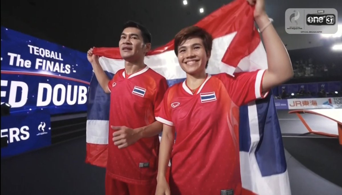 Watchang2's tweet photo. นี่แหละลูกที่ต้องการ gold medal point🥇🏆 🤸 ทองแรกประวัติศาสตร์เทคบอลไทยใน #เอเชียนเกมส์  จากคู่ผสม https://t.co/xb8NMsHF1h