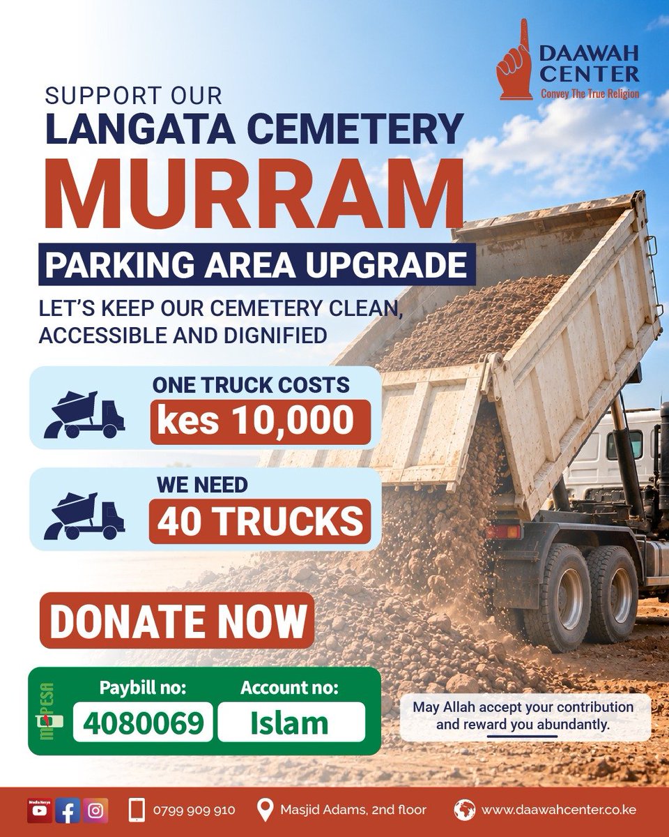 farhiyaabass's tweet photo. The work at Langata Cemetery is still ongoing, and we need your help to complete it. 

Alhamdulillah, we have secured 15 trucks but we still need 25 more.

Please give whatever you can and share this appeal. Every contribution brings us closer to the finish line.

May Allah reward you abundantly for your support. Ameen. 🤲🏽

@TheDaawahcentre