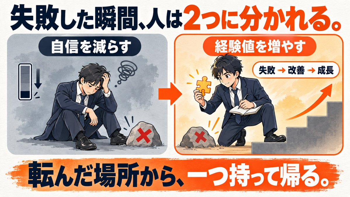 routinenew100's tweet photo. 20代で一番危険なのは、
失敗することではない。

失敗を、
ただの失敗で終わらせること。

身につけたい最強スキルは、
コミュ力でも、要領のよさでもない。

「失敗力」。

失敗した瞬間、人は2つに分かれる。

「自分には向いていない」と、
自信を減らす人。

「次はどう変える？」と、
経験値を増やす人。

1回の差は小さい。
でも、3年繰り返すと大きな差になる。

私も若い頃、
商談に失敗するたび落ち込んでいた。

反省会は長い。
改善策はゼロ。

これでは、
自分を責めているだけだ。

大切なのは、

失敗
　↓
原因を一つ見つける
　↓
次の行動を一つ変える

ここまでをワンセットにすること。

失敗しただけなら「損失」。
改善まで進めば「財産」になる。

差がつくのは、
転んだ回数ではない。

立ち上がるたびに、
何を一つ持って帰ったかだ。