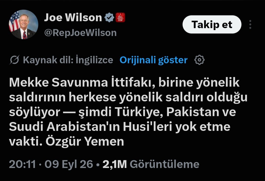 migferhaber's tweet photo. ABD Temsilciler Meclisi üyesi Joe Wilson'ın Mekke İttifakı hakkındaki paylaşımları dikkat çekti; Türkiye'nin Husilere karşı savaşmasını istedi. https://t.co/6BVVsHX9U7