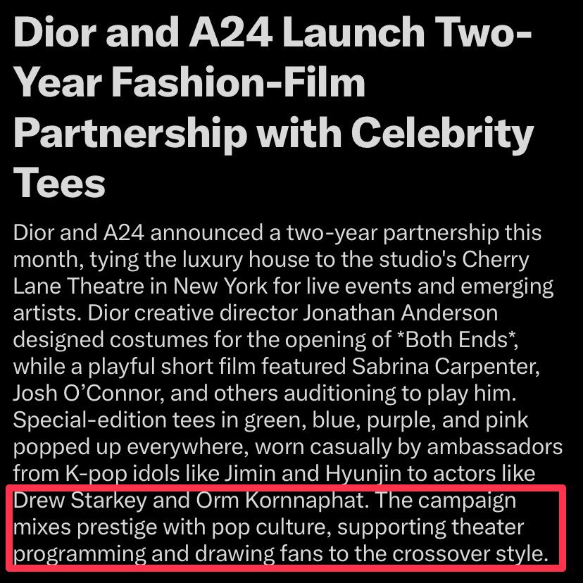 OrmKorn_fans's tweet photo. Dior × A24 launches a two-year partnership merging fashion, film, and culture. Special-edition tees worn by stars and Dior ambassadors, including Orm Kornnaphat, embody the crossover of luxury and pop culture.

#Dior #DiorA24 @Dior @A24 
#OrmKornnaphat ‌@ormmormm https://t.co/iMi9LTgpSe