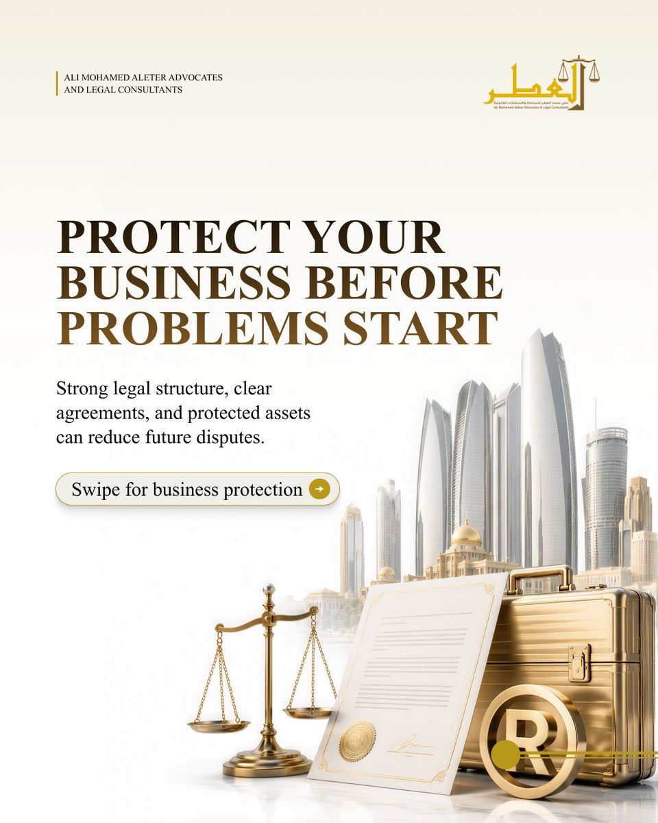 AliAleterUAE's tweet photo. Protect your business before disputes arise.

Clear contracts, proper licensing, complete corporate records, and protected trademarks can help reduce legal and commercial risk.

📞 +971 50 560 4661
🌐 https://t.co/qahreUiZp9

#CorporateLaw #UAELaw https://t.co/kuFsOHwuqP