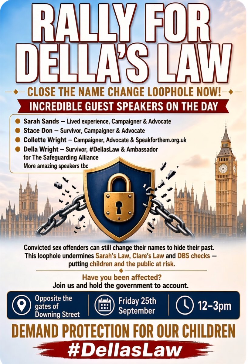DellasLaw's tweet photo. 🚨 NOT LONG NOW.  

We’re taking #DellasLaw to the gates of Downing Street. 

Survivors of this dangerous loophole — the one that still lets convicted sex offenders change their names and vanish from the system — are coming from across the country. https://t.co/yYK21QFqUX