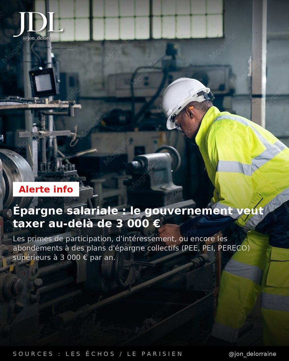 jon_delorraine's tweet photo. 🔴🇫🇷 ALERTE INFO - Épargne salariale : le gouvernement veut taxer au-delà de 3 000 €

Les primes de participation, d'intéressement, ou encore les abondements à des plans d'épargne collectifs. (PEE, PEI, PERECO) supérieurs à 3 000 € par an.

Sources : Les Échos / Le Parisien https://t.co/QWAZu7QBei