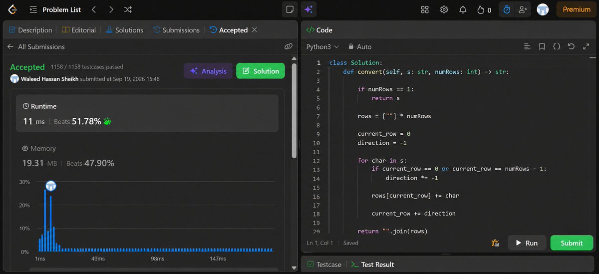 WaleedHassanSh's tweet photo. 6th LeetCode problem done ✅
Solved Zigzag Conversion from scratch on my own.
Getting more comfortable with breaking problems down and turning the pattern into code.
#LeetCode #Python #DSA #Coding https://t.co/IypbOeqbp7
