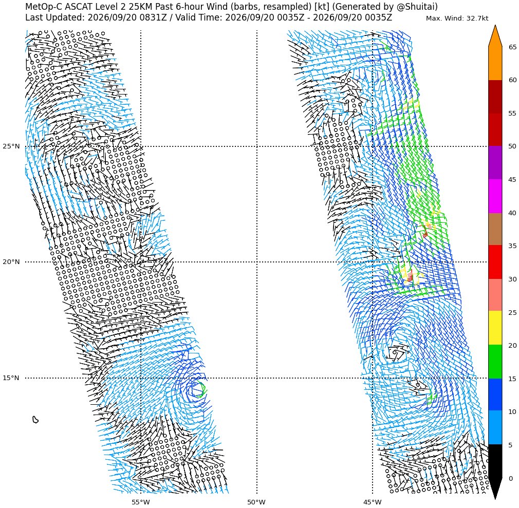 eyewallwx's tweet photo. Meanwhile, in the MDR, a heavily sheared system with an LLC and DMC exists - a newer ASCAT will be needed to see if this system contains gales or TD force winds, but it posesses the hallmarks of a weak, sheared TC. https://t.co/y9YkaTmRHW
