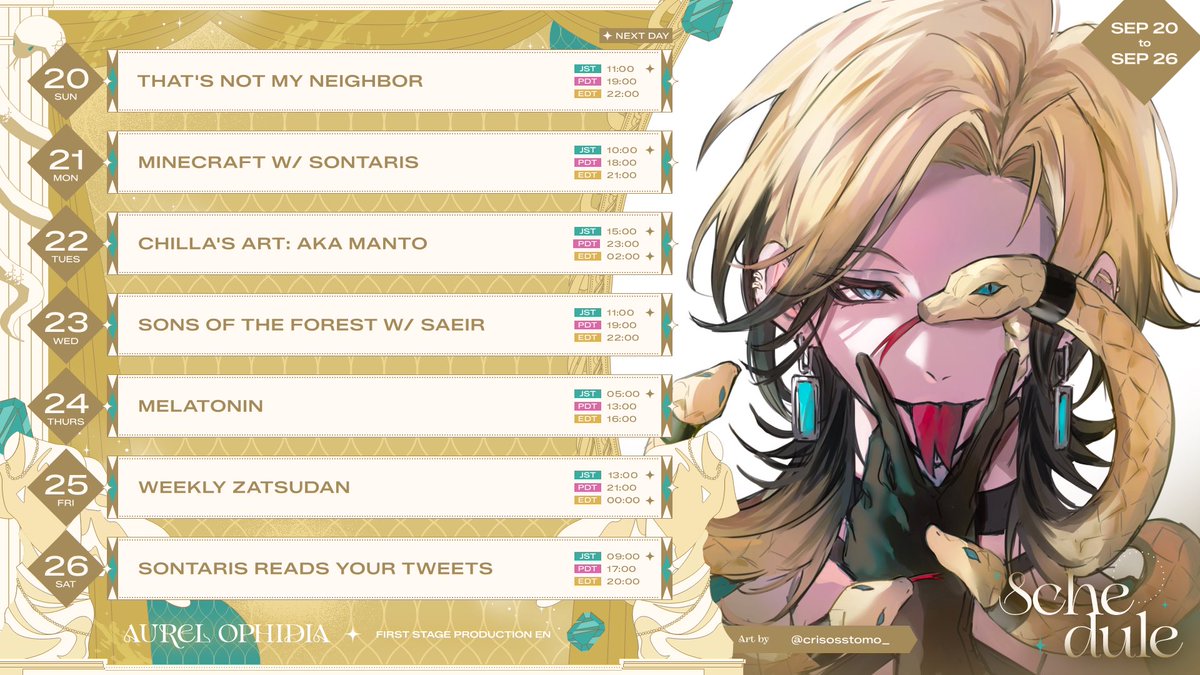 AurelOphidia's tweet photo. 【Weekly Schedule】
September 20th-26th 🐍🪞

Are you ready for Sontaris to see what you’ve been saying about us? 👀

🎨: @/crisosstomo_ https://t.co/wIfRHEpPAa