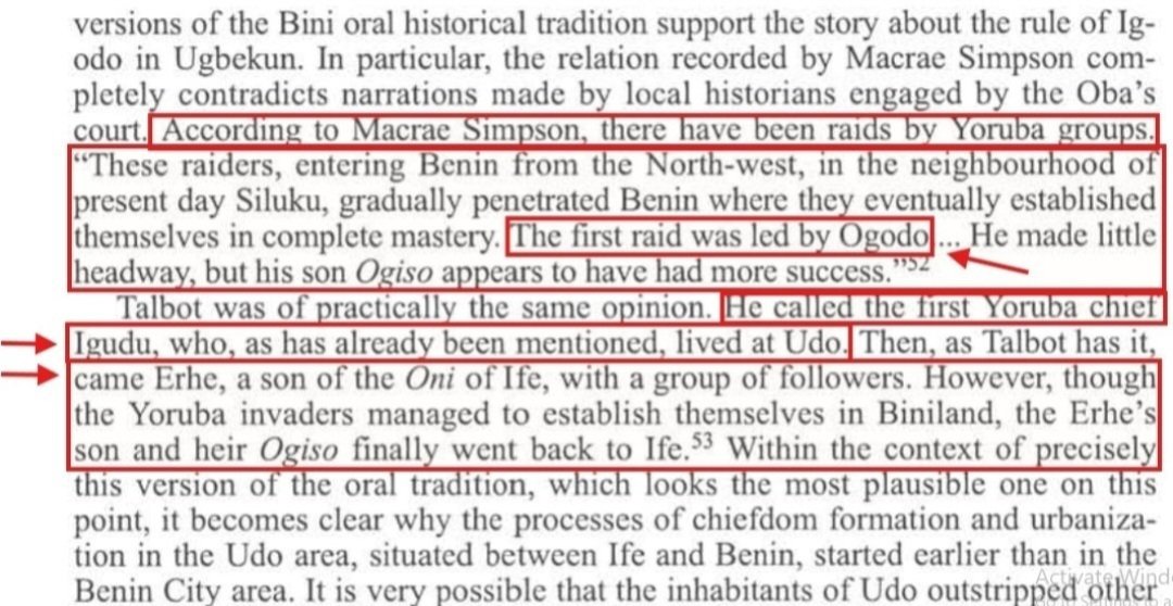 YorubaNetworkTV's tweet photo. THE OGISO, THEIR IFE ORIGIN, AND THE INVITATION OF ORANMIYAN.

Why did Benin’s chiefs turn to Ile-Ife after the breakdown of the Ogiso monarchy? The historical interpretation presented in these excerpts offers an explanation: Ife was already connected to the origins of their early royal institution. Their appeal to Ife could therefore represent a renewal of an older relationship.

The passages discuss traditions recorded by Macrae Simpson and P. A. Talbot that connect early rulers in the Benin region with Yoruba arrivals. Simpson’s account describes groups entering from the northwest, around present-day Siluku, and gradually establishing political control. Talbot records a tradition involving Igudu(Igodo,) at Udo, followed by Erhe, described as a son of the Ooni of Ife who arrived with followers.

These accounts differ in their names and sequences, but the author draws attention to their shared connection between early rulership in the Benin region and Ife.

 The discussion also suggests that Udo may once have served as an autonomous outpost of Ife’s power. That is the author’s reconstruction of the traditions, rather than an independently established fact.

The fourth excerpt preserves another striking account. Introduced explicitly as a Bini tradition, it identifies Ife, locally called Uhe, as the original centre of creation. It describes 

Obanigodo(Igodo) as a son of Oduduwa who travelled southeast with his followers and settled at the site of Benin. Although this is a sacred origin narrative, it shows that an ancestral connection to Ife existed within the recorded Bini traditions themselves.

The passage on page 194 then connects these earlier traditions to the invitation of Oranmiyan.

The author proposes that early rulers from Ife helped introduce the institution of kingship among the Edo communities. In the particular version discussed, the third Ogiso was the last ruler of that early Ife line and returned to Ife, while the institution of supreme rulership remained established in Benin.

Much later, following the collapse of the Ogiso order and the political uncertainty of the interregnum, local chiefs invited the Ife prince Oranmiyan.

 Under this interpretation, choosing a prince from Ife had a clear political purpose: he could represent continuity with the origins of the earlier monarchy and help restore acceptance of royal authority.

Put plainly, the chiefs turned to the place these traditions associated with their earlier rulers: Ile-Ife. Oranmiyan’s arrival was understood as a way to restore legitimate kingship after a period of instability.

This gives Ife a significant place in the discussion of both the early Ogiso traditions and the emergence of the succeeding dynasty.

 It illustrates the longstanding political and cultural connections between Yoruba, ife and Edo history in what is now Nigeria, and the importance of those connections to the wider history of Africa.

Stop trying to rewrite history, because it cant be rewritten.