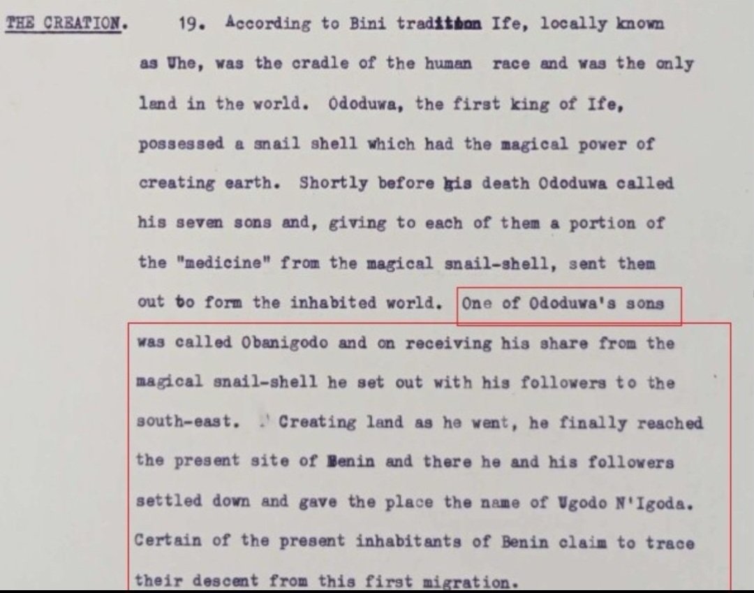 YorubaNetworkTV's tweet photo. THE OGISO, THEIR IFE ORIGIN, AND THE INVITATION OF ORANMIYAN.

Why did Benin’s chiefs turn to Ile-Ife after the breakdown of the Ogiso monarchy? The historical interpretation presented in these excerpts offers an explanation: Ife was already connected to the origins of their early royal institution. Their appeal to Ife could therefore represent a renewal of an older relationship.

The passages discuss traditions recorded by Macrae Simpson and P. A. Talbot that connect early rulers in the Benin region with Yoruba arrivals. Simpson’s account describes groups entering from the northwest, around present-day Siluku, and gradually establishing political control. Talbot records a tradition involving Igudu(Igodo,) at Udo, followed by Erhe, described as a son of the Ooni of Ife who arrived with followers.

These accounts differ in their names and sequences, but the author draws attention to their shared connection between early rulership in the Benin region and Ife.

 The discussion also suggests that Udo may once have served as an autonomous outpost of Ife’s power. That is the author’s reconstruction of the traditions, rather than an independently established fact.

The fourth excerpt preserves another striking account. Introduced explicitly as a Bini tradition, it identifies Ife, locally called Uhe, as the original centre of creation. It describes 

Obanigodo(Igodo) as a son of Oduduwa who travelled southeast with his followers and settled at the site of Benin. Although this is a sacred origin narrative, it shows that an ancestral connection to Ife existed within the recorded Bini traditions themselves.

The passage on page 194 then connects these earlier traditions to the invitation of Oranmiyan.

The author proposes that early rulers from Ife helped introduce the institution of kingship among the Edo communities. In the particular version discussed, the third Ogiso was the last ruler of that early Ife line and returned to Ife, while the institution of supreme rulership remained established in Benin.

Much later, following the collapse of the Ogiso order and the political uncertainty of the interregnum, local chiefs invited the Ife prince Oranmiyan.

 Under this interpretation, choosing a prince from Ife had a clear political purpose: he could represent continuity with the origins of the earlier monarchy and help restore acceptance of royal authority.

Put plainly, the chiefs turned to the place these traditions associated with their earlier rulers: Ile-Ife. Oranmiyan’s arrival was understood as a way to restore legitimate kingship after a period of instability.

This gives Ife a significant place in the discussion of both the early Ogiso traditions and the emergence of the succeeding dynasty.

 It illustrates the longstanding political and cultural connections between Yoruba, ife and Edo history in what is now Nigeria, and the importance of those connections to the wider history of Africa.

Stop trying to rewrite history, because it cant be rewritten.