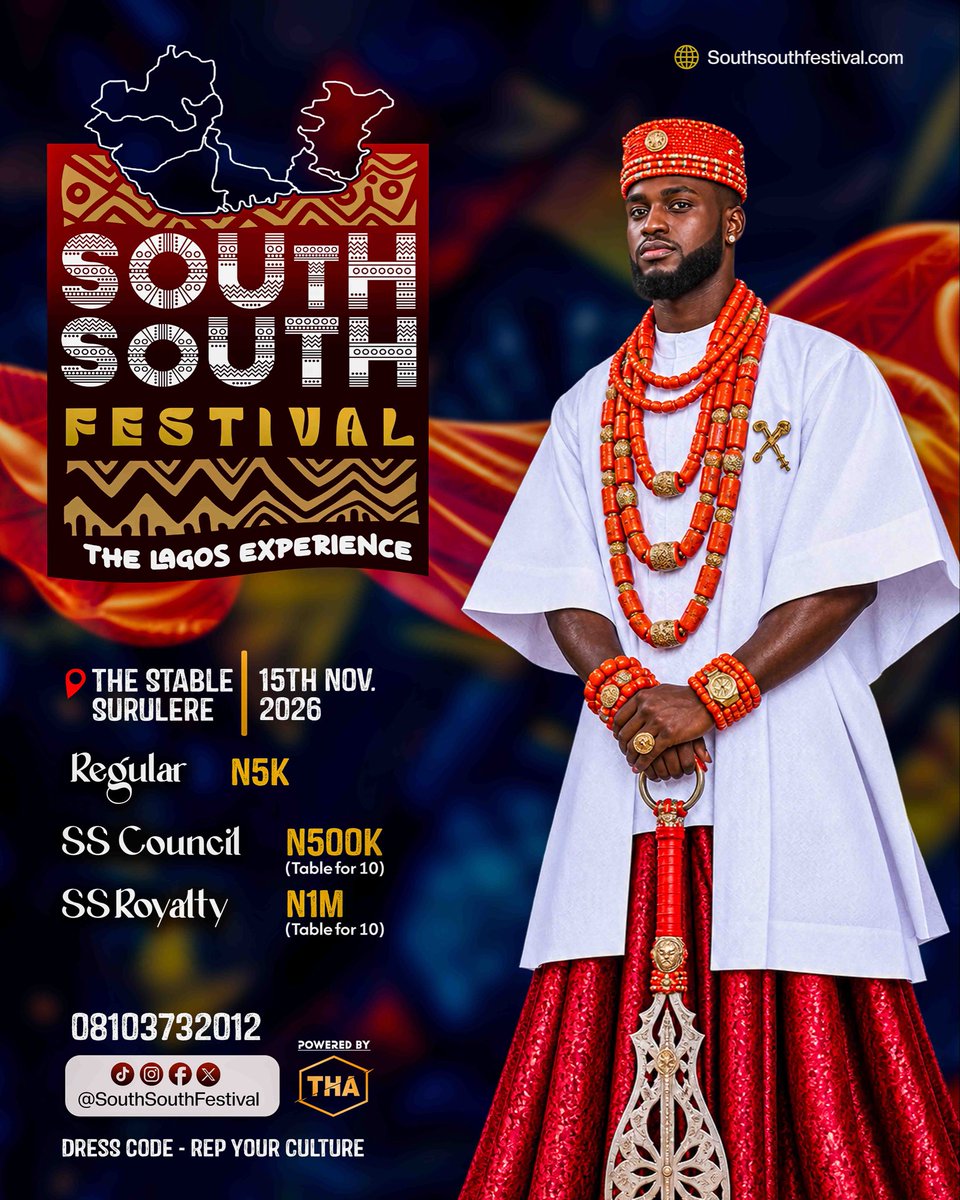 SouthSouthFEST's tweet photo. SOUTH - SOUTH FESTIVAL 

For the FIRST TIME in Lagos - An event that showcases the South-South Cultural heritage

📅 SUN Nov 15, 2026
⏰ 12 Noon - 8PM
📍 The Stable, Surulere

https://t.co/m62xz0husJ https://t.co/kuMFlNzg2y