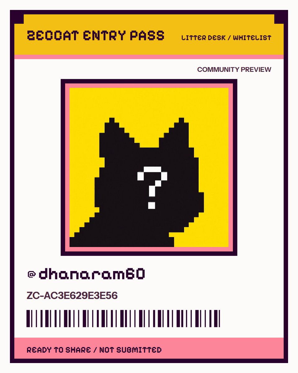 Dhanaram60's tweet photo. I'm applying for the @zeccatnft whitelist. My Zeccat Entry Pass is ZC-AC3E629E3E56. Community preview only. https://t.co/cDV1ZDFFo8