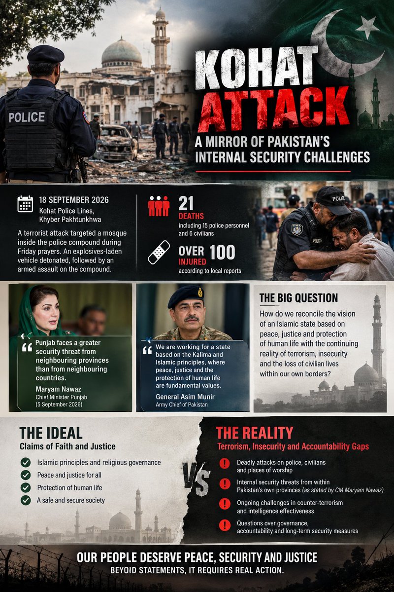 ABhat81446's tweet photo. The 18 Sept 2026 attack at Kohat Police Lines, during Friday prayers, reportedly killed 21 people—including 15 police personnel and 6 civilians—and injured more than 100.
#JusticeAndSecurity #KohatAttack #PeaceJusticeAndSecurity #TerrorismChallenge #PublicSafety #ClaimsVsReality https://t.co/958YKQl5TV