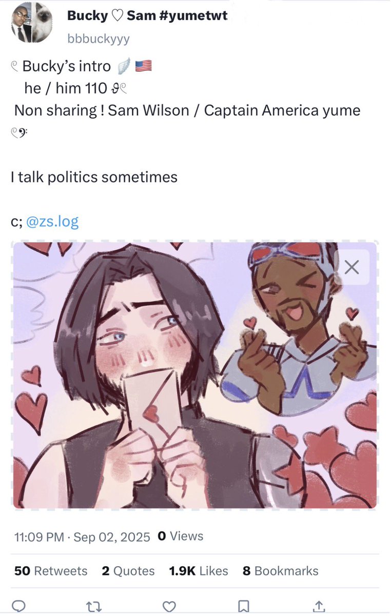yurilover4L's tweet photo. Bucky’s yumetwt intro as a non sharing Sam yume 

#yumetwt #sambucky #yumeship https://t.co/npsLWBN41D