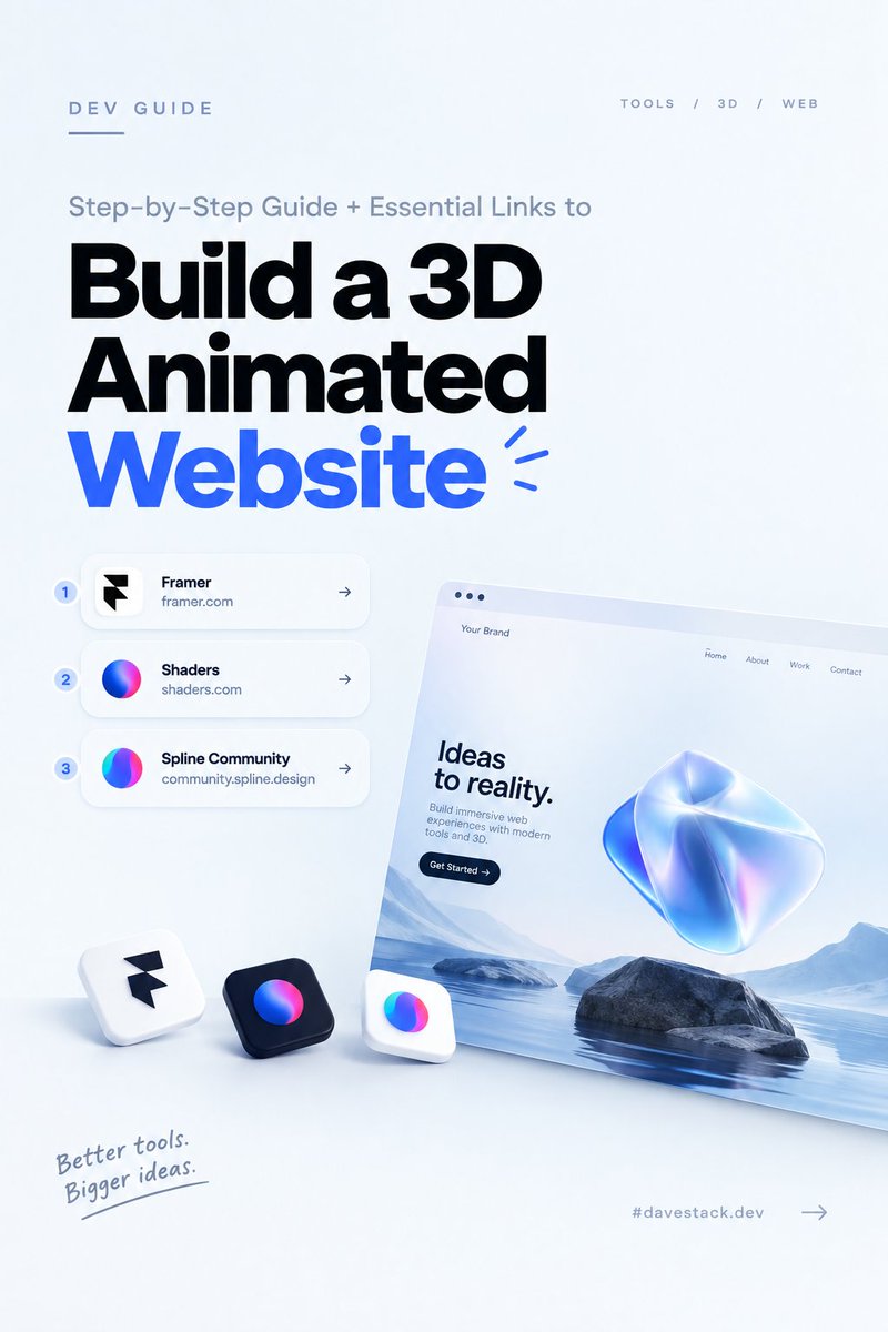 davestack_dev's tweet photo. Senior Dev Tip #8 💡 

Step-by-Step Guide + Essential Links to Build a 3D Animated Website 🧵👇
1. Framer → https://t.co/B2hq9C5NJZ
Build interactive components, structure your layout, and seamlessly assemble all your visual assets.
2. Shaders → https://t.co/CgO3V9sMAl
Source stunning 3D shader effects and dynamic parallax backgrounds to elevate your UI.
3. Spline Community → https://t.co/co8HWl01wG
Explore production-ready 3D props, interactive models, and advanced web animations to drop straight into your build.
Found this helpful?
📌 Bookmark, Repost, and Follow for more dev resources! ❤️