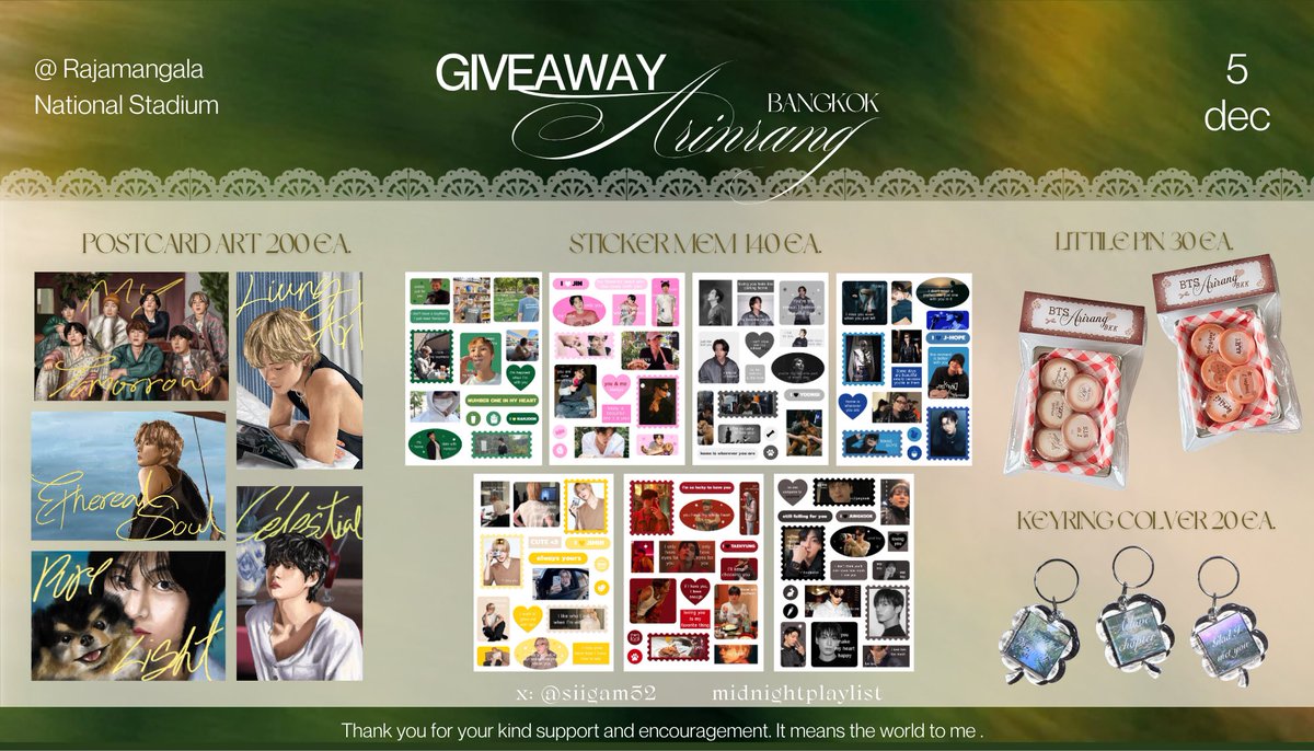 siigam52's tweet photo. pls kindly rt &amp; fav

GIVEAWAY ARIRANG IN BANGKOK 

   one night  one memory ,
   a little something to keep ♡

05.12.26 / Rajamangala National Stadium
  (  for thai army only  )

  ୨୧ details in mention 𓂃

#BTS_WORLDTOUR_BANGKOK
#BTS_WORLDTOUR_ARIRANG_BANGKOK https://t.co/e04Z9jj9Qx