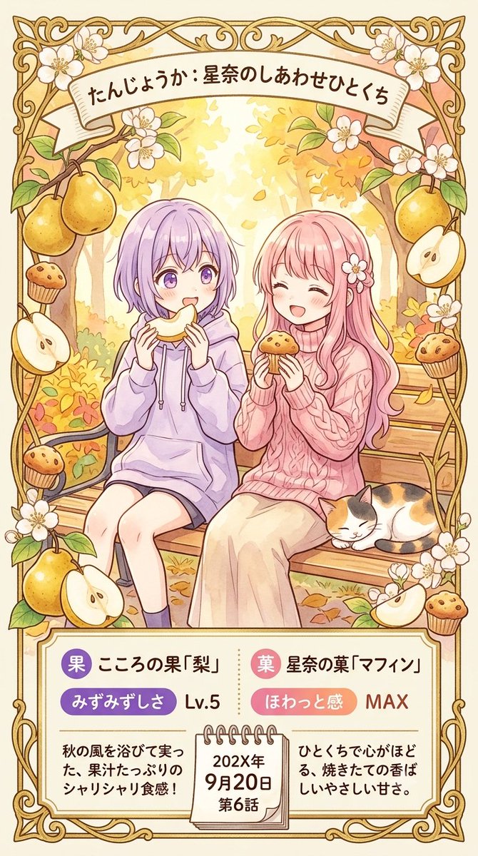 shcfr3614's tweet photo. 9月20日の #たんじょうか 🧁🍐
第6話『星奈のしあわせひとくち』
​「しあわせってどんな味？」
星奈のあまいマフィンと、こころのみずみずしい秋の梨。ふたりで半分こすれば、ひとくちでも幸せはいっぱい✨
​#4コマ漫画 #梨 #マフィン #今日のおやつ https://t.co/DyP3Eqg9cv