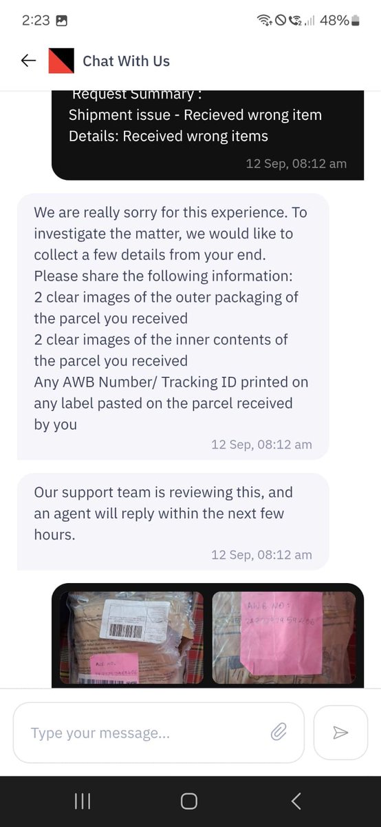 JSinsi02's tweet photo. @delhivery When I call, we are looking into it, yet you ask for parcel image again? You used wrong AWB on my parcel and used my AWB on another parcel and are sucking at your job, give me back my parcel, it has sentimental items delivered to God knows who with personal information of mine... https://t.co/vXABSvxDdc