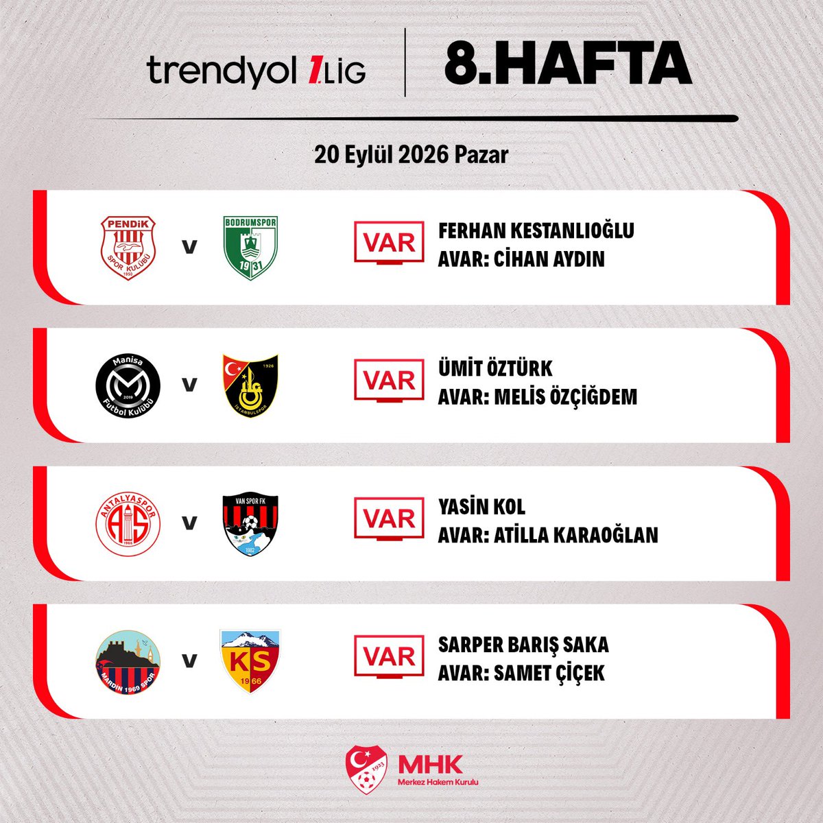 MHK_Resmi's tweet photo. Trendyol 1. Lig’de bugün oynanacak maçların VAR ve AVAR hakemleri belirlendi. https://t.co/jq9hMx1wNw