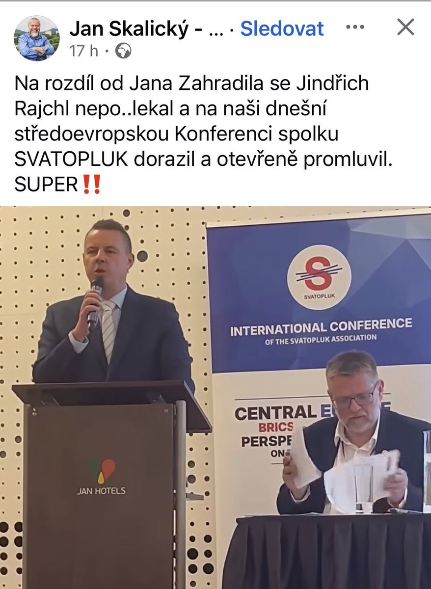 gisat's tweet photo. To je neskutečné. V pražském hotelu Duo proběhla konference proruského spolku Svatopluk k tématům BRICS a globálního jihu. 

Přímo v diskuzním panelu zasedli zástupci fašistického hnutí SPD i Putinův ideolog Fjodor Lukjanov, který se připojil online a je na sankčním seznamu EU kvůli legitimizaci agrese proti Ukrajině.

Lukjanov v projevu otevřeně operoval jaderným arzenálem Ruska vůči Evropě, což Jindřich Rajchl nijak nerozporoval.

Ve stejném panelu vystoupil také bezpečnostní expert SPD a exministr vnitra Martin Pecina. Ten před publikem relativizoval ruskou odpovědnost za teroristický útok na muniční sklady ve Vrběticích i následné vyhoštění ruských diplomatů.

Na akci spolku Svatopluk vystoupil také exprezident Miloš Zeman nebo šéfka KSČM Kateřina Konečná. Původně avizovaný zahraniční expert Motoristů Jan Zahradil naopak svou účast po dotazech médií na přítomnost Lukjanova na poslední chvíli zrušil.

Byla to taková rudohnědá akce, na které přítomným asi ani nevadily ruské výhružky jadernými zbraněmi s popíráním Vrbětic. Hlavně, že seSlalický radoval z Rajchlovy účasti. 

https://t.co/u7myuhBMDm