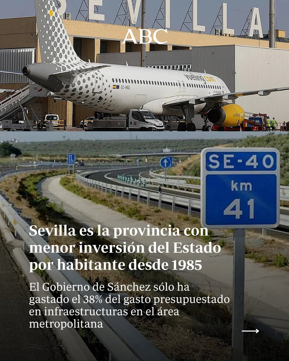 abcdesevilla's tweet photo. 📉 Las cifras oficiales del Estado han terminado por demoler el relato recurrente de la generosidad inversora del Gobierno de Pedro Sánchez con Sevilla. Ni la capitalidad autonómica ni la condición de cuarta provincia de España han servido de contrapeso frente a una inercia de cuatro décadas continuadas de abandono de las infraestructuras.

👉 Entre 1985 y 2026, la provincia de Sevilla se sitúa en el último lugar de toda la España peninsular en esfuerzo inversor por residente. En cuarenta años, la asignación media real apenas alcanza los 242 euros por habitante y año, frente a un promedio nacional que se eleva hasta los 318 euros en idéntico periodo de tiempo.

✍️ Javier Macías
📊 Antonio Montes

📌 Sigue leyendo en nuestra web https://t.co/4N6HrU7xiU
 
#Sevilla #SevillaHoy #España