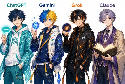 Engineer1191's tweet photo. Chat GPT、Gemini、Grok、Claudeをそれぞれの特徴を加味し、擬人化して絵を描いてください。名前は頭の上に書いてね。
By Grok https://t.co/FWHkcE28Fh