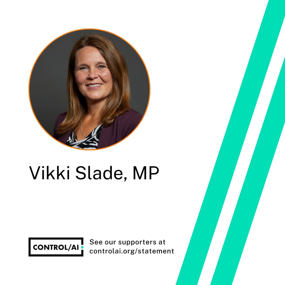 ControlAI's tweet photo. Vikki Slade MP has backed our campaign for binding regulation on the most powerful AIs!

She joins 160+ UK parliamentarians recognizing the risk of human extinction posed by superintelligent AI. https://t.co/cSAeDdiZQP