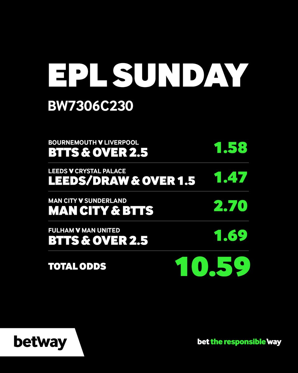 BetwayMalawi's tweet photo. ⚽ Sunday football. Four fixtures. One tasty combo at 10.59 odds. 🔥

Goals are on the menu with BTTS & Over 2.5 in Bournemouth v Liverpool and Fulham v Man United, while we're backing Man City to get the job done at home.

💰 Think it lands? Place your bet via the link in bio.

#EPLSunday