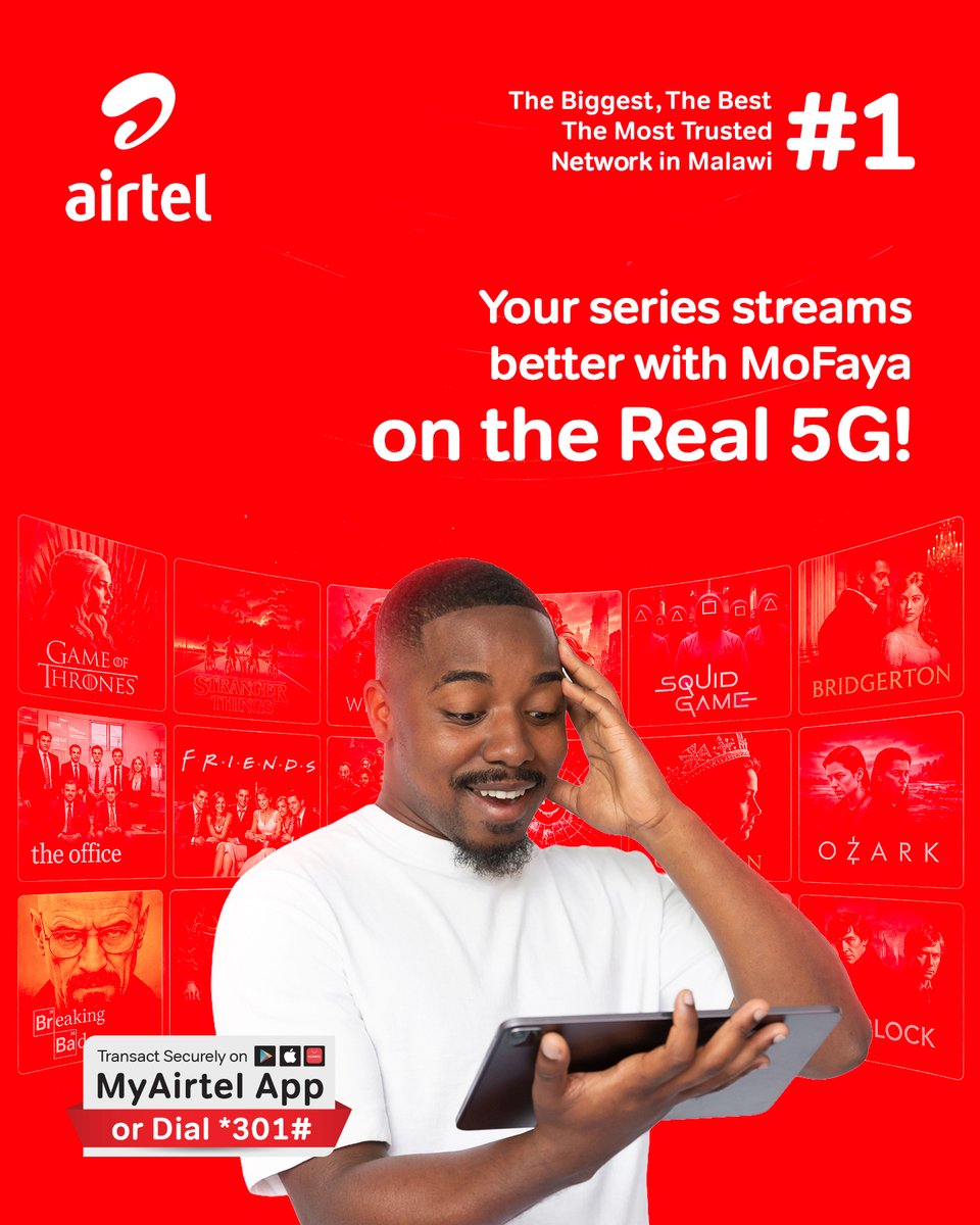 AirtelMalawiPlc's tweet photo. What show has you hooked right now?👀
Whatever it is, stream it better with MoFaya on Real 5G. Get your bundle to stream with on MyAirtel App https://t.co/3fl69J9Jbz or Dial *301#
Drop your current watch below! 👇
#MoFaya #Airtel5G #Real5G #TheFayaNeverStops🔥 https://t.co/WEGSSY2I13