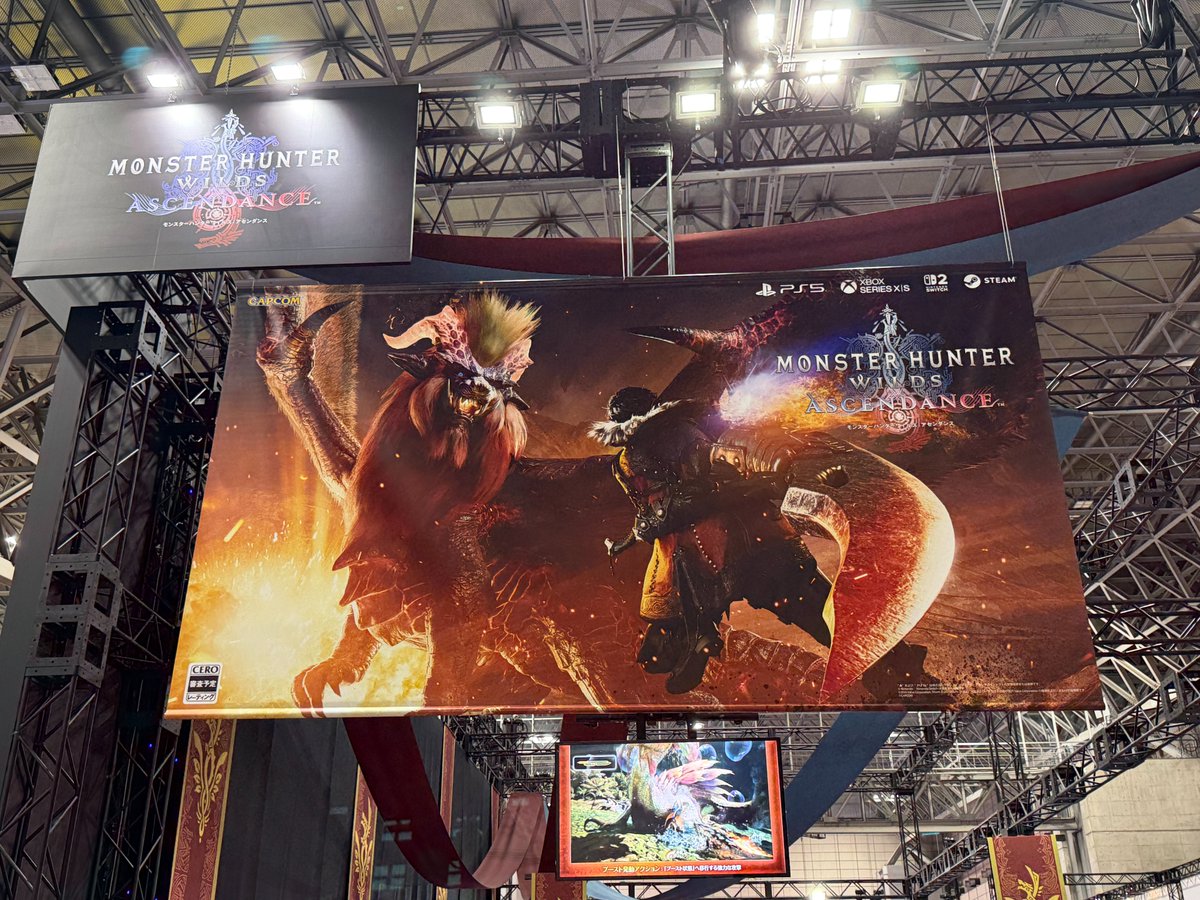 MH_Wilds's tweet photo. #TGS2026 終了いたしました！

カプコンブースや『#モンハンアセンダンス』エリアにご来場・ご試遊いただいた皆さま、オンライン配信をご視聴いただいた皆さま、そして「フューチャー部門」へご投票いただいた皆さま、誠にありがとうございました！

また、5日目の開催中止に伴い、ご来場できなくなった皆様に向けまして会場の様子をお届けする映像を現在準備中です。

『アセンダンス』の情報公開はまだまだ始まったばかり…！
本アカウントより今後も最新情報をお届けしてまいります。引き続きよろしくお願いいたします！

https://t.co/5s2V1aAeuO
#カプコンTGS2026 #モンハンアセンダンス #MHWA