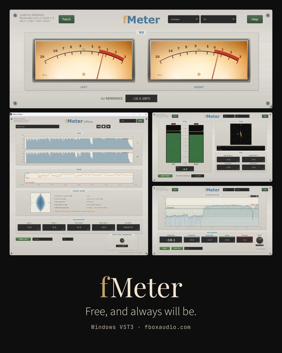 fBoxAudio's tweet photo. fMeter is free, and always will be.

Needles, true peak, phase and loudness, plus an offline app that checks a hundred files at a time. And a mono check that tells you in one word: HOLDS UP, THINS OUT or COLLAPSES.

Windows VST3: https://t.co/XkBwGKK3TD

#freevstplugin #mixcheck https://t.co/LXgsWloVyv