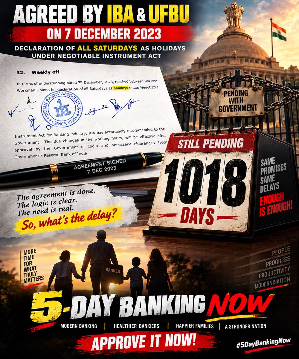 ToppilJ's tweet photo. 🚨 𝓢𝓲𝓰𝓷𝓮𝓭 𝓓𝓸𝓬𝓾𝓶𝓮𝓷𝓽. ✍️

 IBA–UFBU reached an agreement on ALL SATURDAY OFFS on 7 Dec’23.

Yet, 1,018 DAYS later, it still awaits Government approval!🤦🏻

𝟭𝟬𝟭𝟴 𝗗𝗔𝗬𝗦. 𝗦𝗧𝗜𝗟𝗟 𝗪𝗔𝗜𝗧𝗜𝗡𝗚.🙄🤷🏻‍♂️

5-DAY BANKING NOW! ✊🏼

#5DayBankingNow #FBOIOA @PMOIndia @nsitharamanoffc @DFS_India