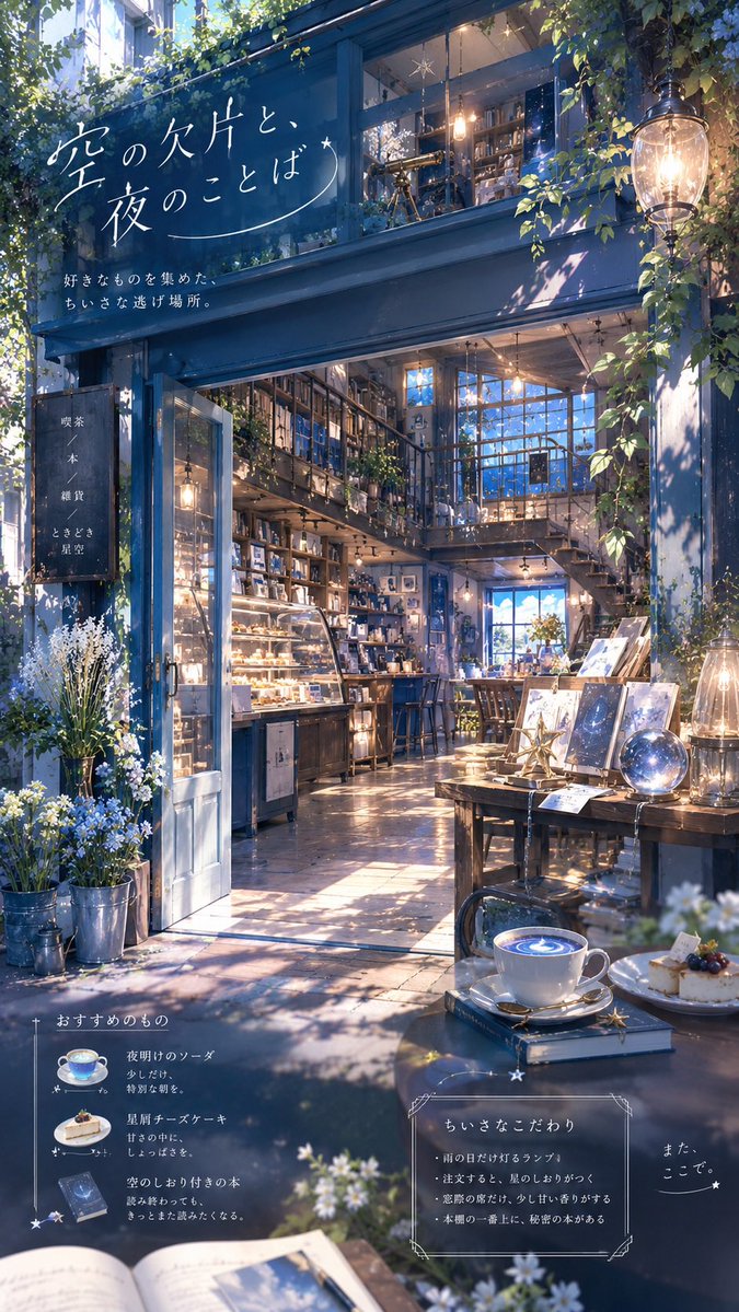 ochaocha__01's tweet photo. あなたの◯◯は？　プロンプト配布✨

あなたの「世界」
あなたの「お店」

⚠ChatGPTやGeminiに依頼して画像生成する用のプロンプトです

詳しくはツリーのAltまで✨

#御茶屋さんのプロンプト図鑑 https://t.co/EvKPqjAqjj