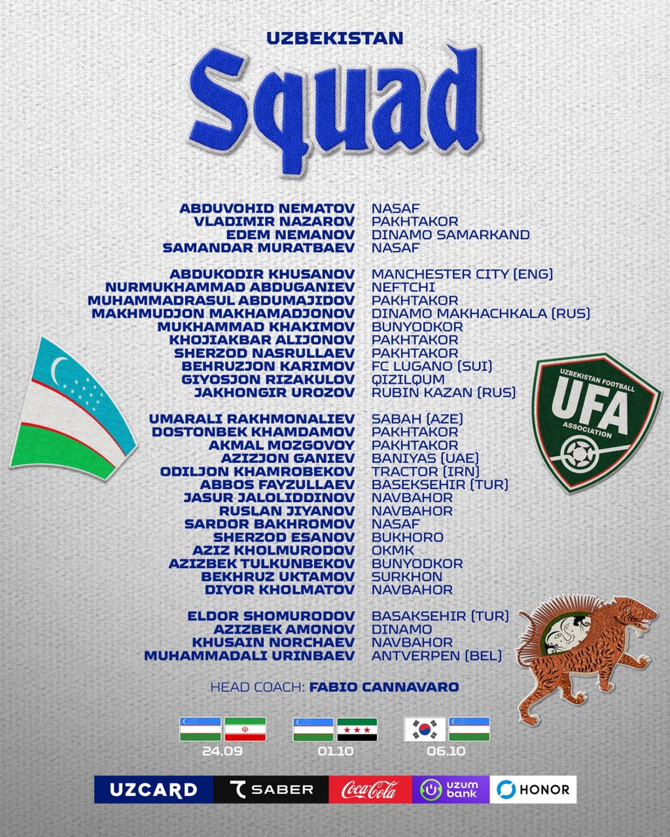 _UzbekFootball's tweet photo. The first post World cup squad is out for Uzbekistan. A lot of names in the world cup squad have not been called up, with this maybe being the start of a new generation https://t.co/nuk0w4aja6