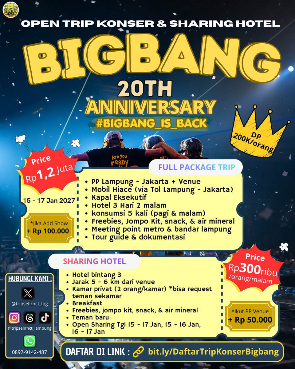 selirnct_lpg's tweet photo. #VIPLampung gimana udah siap ketemu #BIGBANG_in_JAKARTA bulan januari??
tiket udah di tangan tapi bingung masalah transport & hotel?? π€
ikutan trip konser aja di kita, masalah transport, hotel, bahkan konsumsi udah kita urus
kalian tgl seruβan di konser aja, kuota terbatas ya π https://t.co/k4xingjPaA