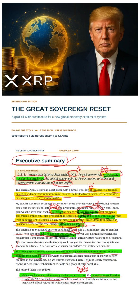 stoneiland's tweet photo. 맙소사 !🚨이 문서, 그냥 넘기면 안 될 것 같습니다.

💯「The Great Sovereign Reset」

XRP의 역할을 이렇게까지 정면으로 그려놓은 
문서가 또 있을까요?

Gold → Oil → XRP.

금은 가치를 저장하고,
오일은 실물경제를 움직이고,
XRP는 서로 다른 자산과 유동성을 연결하는 
Bridge로 등장합니다.

 #SEC 에 제출된 문서의 내용입니다. SEC 제출 문서
물론 이 문서가 SEC의 XRP 채택 발표는 아닙니다.
그런데 진짜 흥미로운 건 지금부터입니다.

과연 SEC 의장 폴 앳킨스가 이 문서를 직접 봤을까요?

그건 알 수 없습니다.

하지만 이 문서가 그리는 토큰화·온체인 자본시장과
지금 앳킨스 SEC가 실제로 움직이는 방향이 
너무 선명하게 겹칩니다.

토큰화 증권.
온체인 거래.
24시간 금융시장.

SEC는 이미 토큰화된 주식의 온체인 거래를 
허용하는 #InnovationExemption 까지 내놨습니다. 
앳킨스 역시 미국 금융시장을 온체인으로 옮기는 
방향을 공개적으로 강조하고 있습니다.

그렇다면 질문이 달라집니다.
“ #XRP 가 선택될까?”

저는 오히려 이렇게 묻고 싶습니다.
금, 오일, 주식, 국채처럼
서로 다른 자산이 온체인에서 움직이기 시작한다면,
과연 그 사이의 유동성을 무엇이 연결할 것인가?

여기서 XRP가 보입니다.

우리가 몇 년 동안 이야기했던 그림이
이제 차트 밖에서 하나씩 현실의 금융시장으로 
들어오고 있습니다.

아직 확정된 건 없습니다.

하지만 시장이 XRP를 코인으로 볼 때
우리는 이미 XRP를 레일로 보고 있었습니다.

그리고 레일은
사람들이 알아차릴 때보다
사람들이 쓰기 시작할 때 더 강해집니다.

어쩌면 XRP의 시대는
화려하게 시작되는 게 아닐지도 모릅니다.

어느 날 모두가 XRP를 의식하지도 않은 채
그 위에서 자산을 움직이고 있을 때,

우리는 이미 그 시작을 지나와 있을지도 모릅니다. 🌌

링크 주소 : https://t.co/qgc806pgue