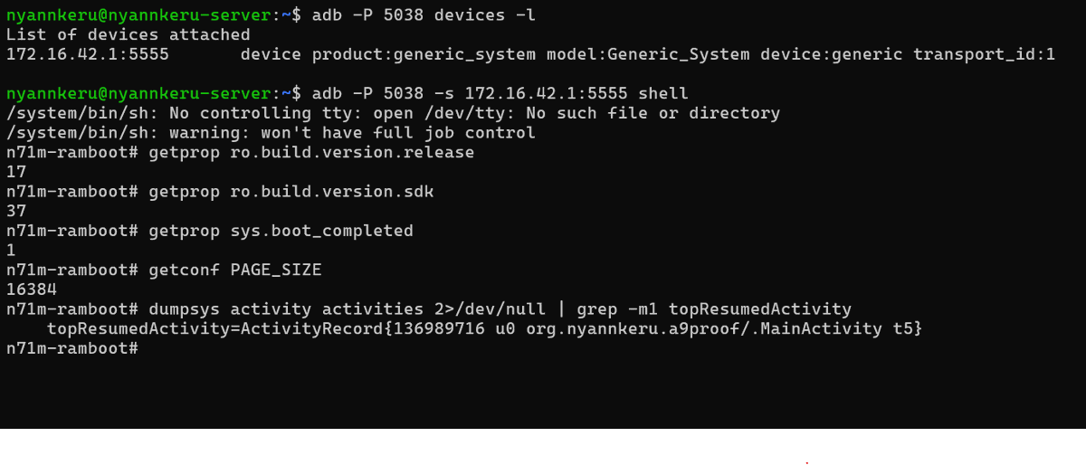 nyannkeru's tweet photo. iPhone 6s Native Android Project

iPhone 6sでAndroid 17が稼働中。
Androidアプリのインストール・起動まで成功しました。
ADBからAndroid端末として接続・操作できます。
まだ画面表示はありませんが、内部では実際にAndroid 17とアプリが動いています。 https://t.co/nbn0aClLwA