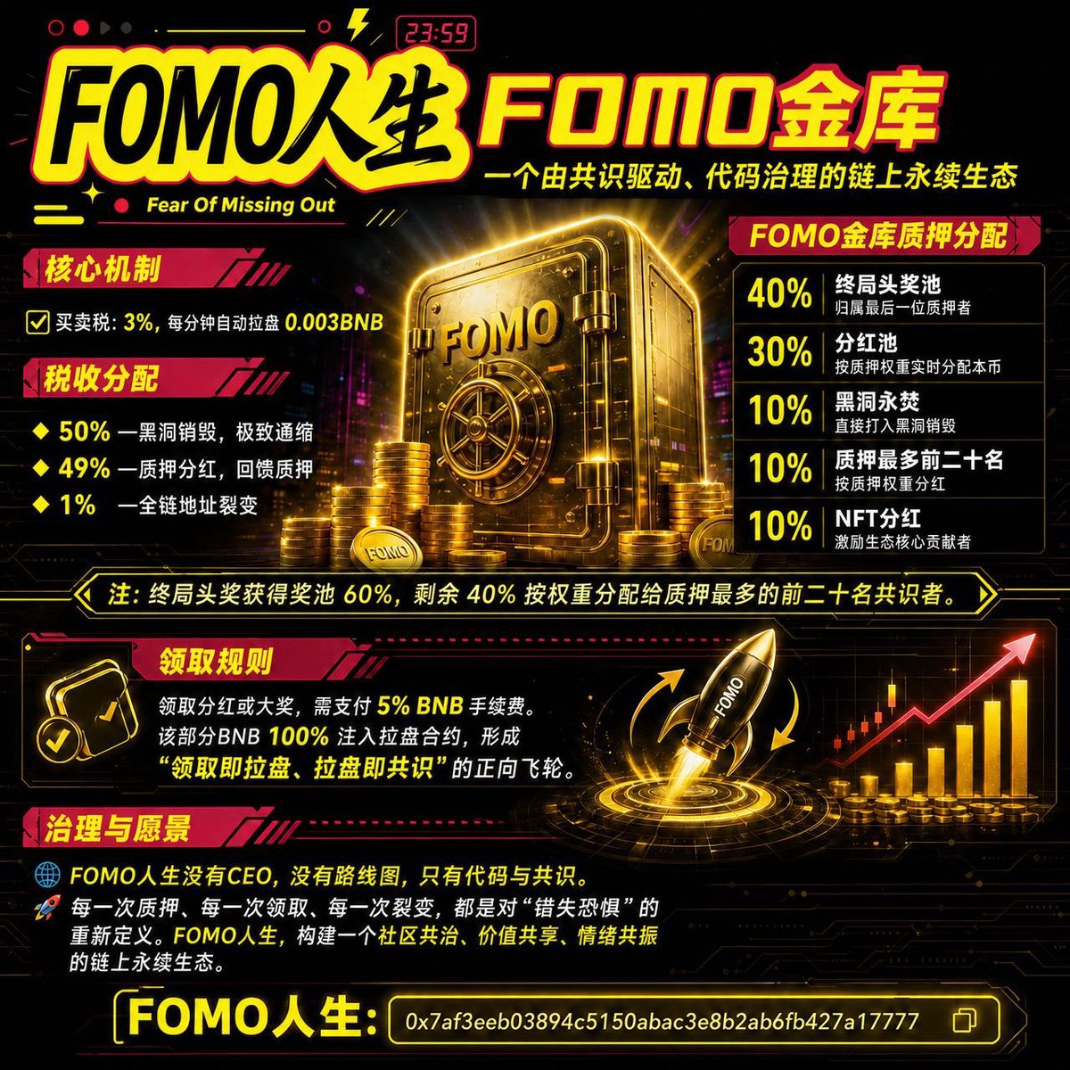 FomoLife_2026's tweet photo. 🎖 𝗙𝗢𝗠𝗢人生· 𝗙𝗢𝗠𝗢金库

💎一个由共识驱动、代码治理的链上永续生态

🟢 核心机制： 

✅买卖税：3% ，每分钟自动拉盘 0.003BNB
✅税收分配： 
🔹50% — 黑洞销毁 ，极致通缩
🔹49% — 质押分红， 回馈质押
🔹 1%  — 全链地址裂变 

🟡 FOMO金库质押分配：
 
🔹40% — 终局头奖池，归属最后一位质押者 
🔹30% — 分红池，按质押权重实时分配本币 
🔹10% — 黑洞永焚，直接打入黑洞销毁
🔹10% — 质押最多前二十名按质押权重分红 
🔹10% — NFT分红，激励生态核心贡献者 

注： 终局头奖获得奖池 60%，剩余 40% 按权重分配给质押最多的前二十名共识者。

🟣 领取规则

⏩ 领取分红或大奖，需支付 5% BNB 手续费。该部分BNB 100% 注入拉盘合约，形成「领取即拉盘、拉盘即共识」的正向飞轮。

🔴 治理与愿景

🌐 FOMO人生没有CEO，没有路线图，只有代码与共识。

🚀 每一次质押、每一次领取、每一次裂变，都是对“错失恐惧”的重新定义。FOMO人生，构建一个社区共治、价值共享、情绪共振的链上永续生态。

🌈 𝗙𝗢𝗠𝗢人生：0x7af3eeb03894c5150abac3e8b2ab6fb427a17777