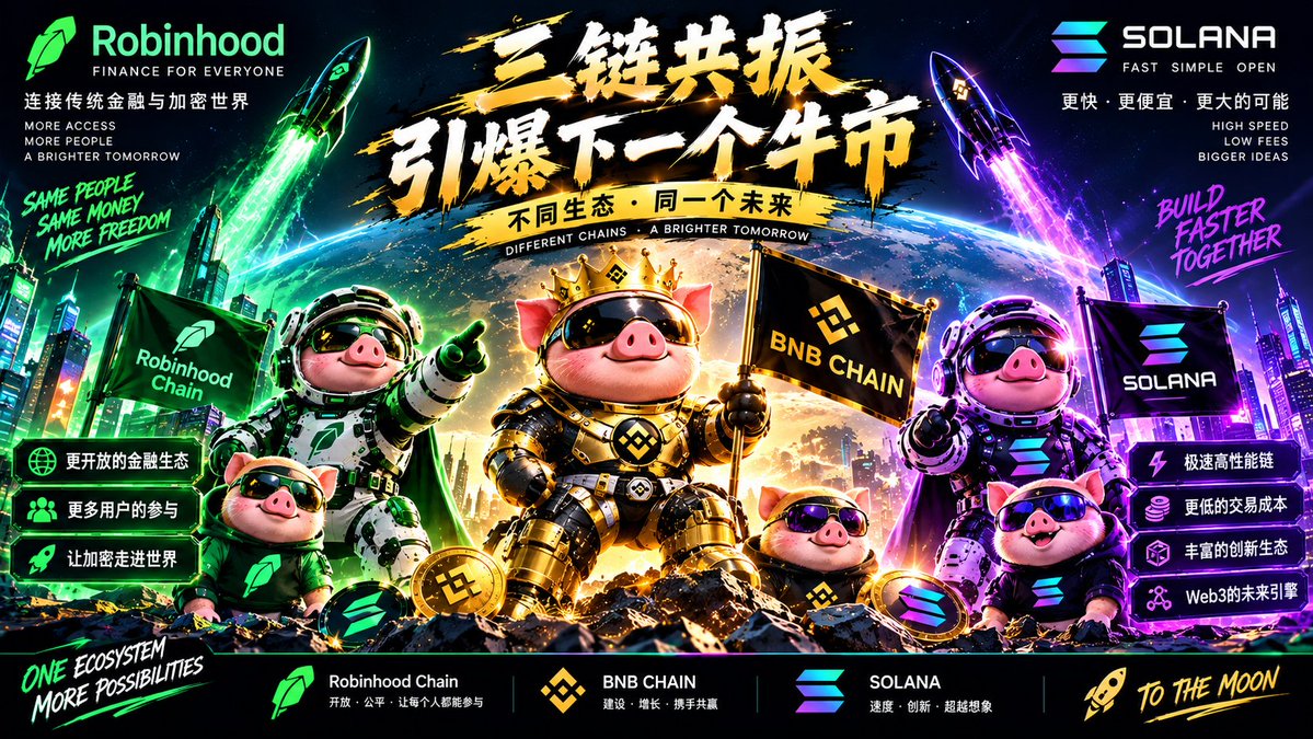 Pig_MemeTK's tweet photo. 🚀 三链共振，谁将引爆下一轮牛市？

不同生态，同一个未来。🌍

🐷 BNB Chain —— 社区共识，Meme 爆发
🟢 Robinhood Chain —— 链接传统金融与加密世界
🟣 Solana —— 极速性能，引领 Web3 创新
牛市从来不是一条链的狂欢，而是整个加密生态的共同繁荣。
下一轮财富机会，正在三大生态中孕育。

Different Chains · One Future ✨
🚀 Build Together. To The Moon! 🌕

#BNBChain #Solana #RobinhoodChain #Crypto #Web3 #Meme #BullRun #Blockchain