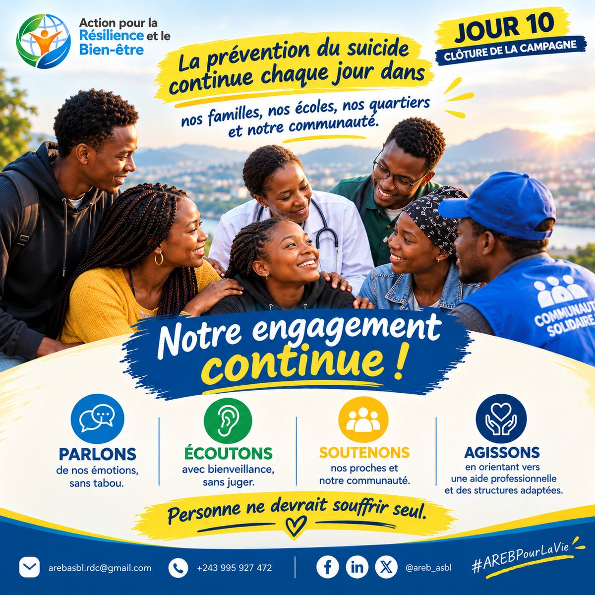 IkemoJoseph243's tweet photo. JOUR 10 : NOTRE ENGAGEMENT CONTINUE
C’est la fin de la campagne, mais la prévention du suicide ne s’arrête pas ici. Elle doit être une lutte quotidienne. Chaque jour, dans nos familles, nos écoles, nos quartiers et nos communautés, nous pouvons contribuer à créer un environ https://t.co/E06JgPTlPQ