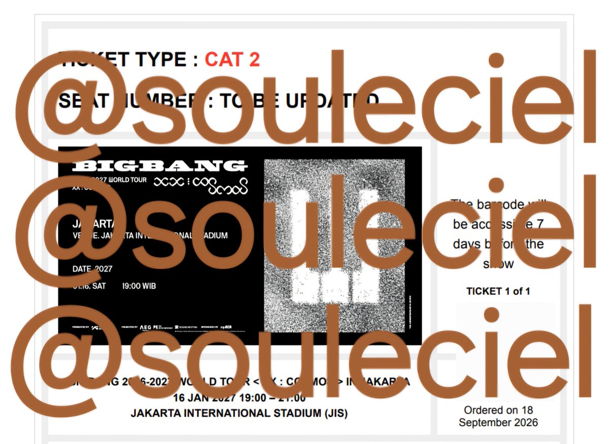 souleciel's tweet photo. WTS BIGBANG 2026-2027 WORLD TOUR IN JAKARTA (DAY 1). Tiket harga normal tp dari jastip yaa jd ada fee nya. Aku jual karena dpt dobel dari war sendiri sm dari jastip

CAT 2 - BCA PRESALE, 1 TIX

- Full payment only
- Diurus sampe fisik
- Bisa COD Bandung
- Masuk group jastip https://t.co/mvdw75u4cT