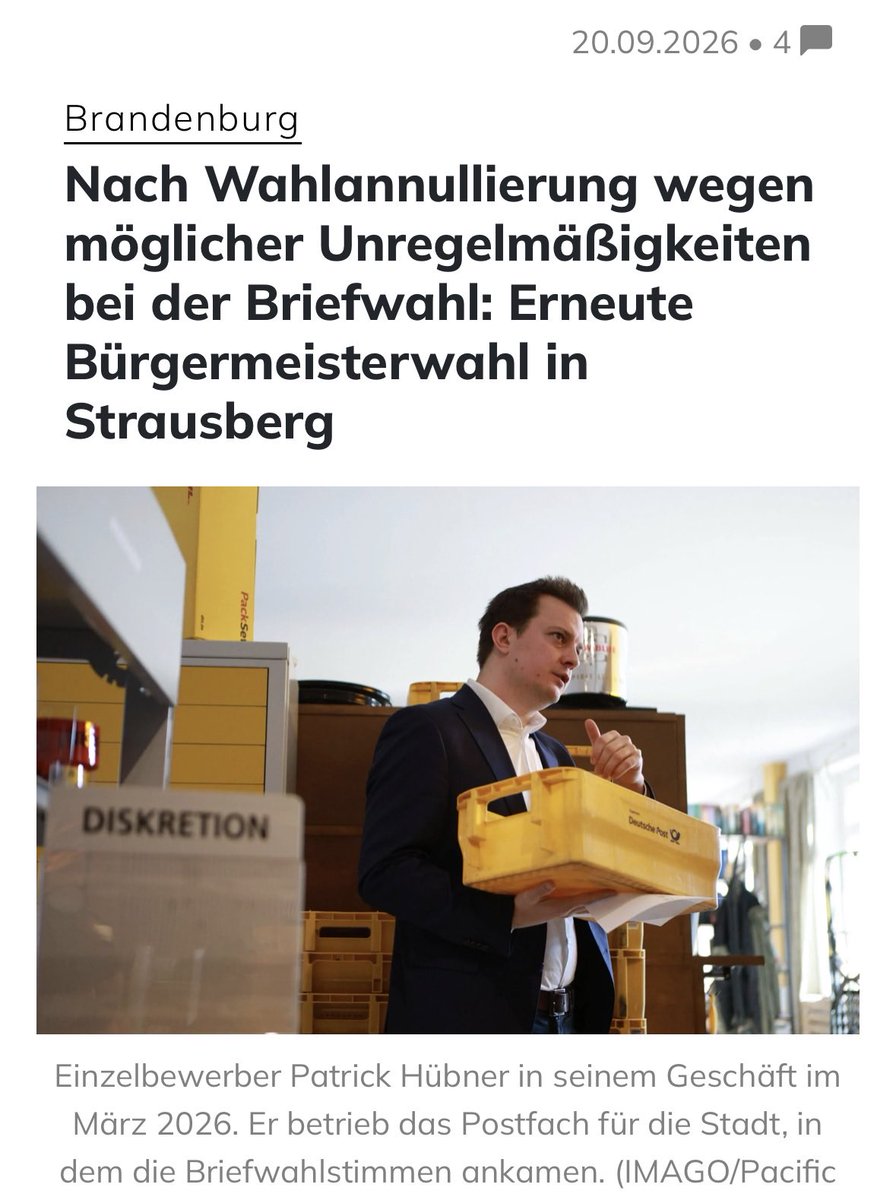 queru_lant's tweet photo. „Die Briefwahl in Deutschland ist sicher. Sie kann nicht manipuliert werden.“

Und genau wegen einer manipulierten Briefwahl, muss heute die Bürgermeisterwahl in Strausberg wiederholt werden.

Die Wahl wurde annulliert, weil der parteilose Kandidat Patrick Hübner in seinem Geschäft Zugriff auf das städtische Postfach mit den Wahlbriefen hatte. Bei der Briefwahl kam er auf 30 Prozent, an der Urne dagegen nur auf 19,8 Prozent. Gleichzeitig wurden rund 30 Prozent der beantragten Wahlbriefe nicht zurückgesandt.

Quelle: Apollo News