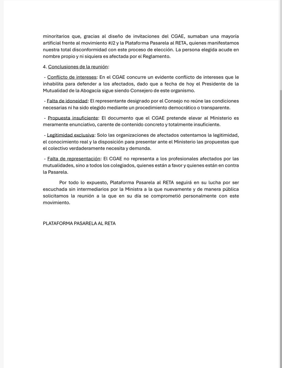 plataformareta's tweet photo. Comunicado tras la reunión con el CGAE (18/9): sin documentos, propuesta vacía de contenido y un "representante de afectados" elegido a dedo para el día 22. El CGAE tiene conflicto de intereses y no nos representa. Exigimos reunión directa con la Ministra. #PasarelaAlRetaYa https://t.co/tOQYjbTL5w