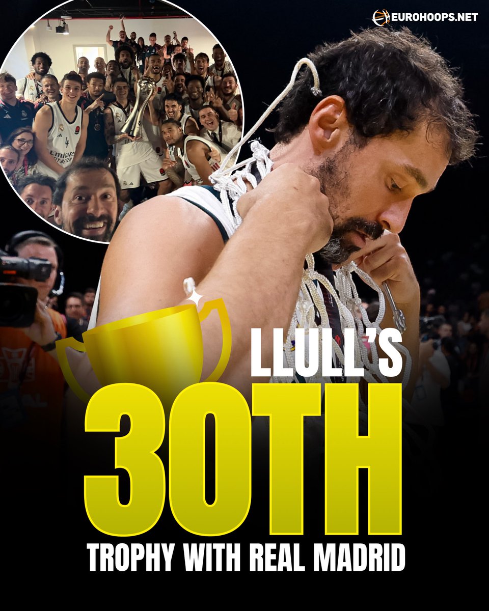 Eurohoopsnet's tweet photo. SERGIO LLULL just keeps adding to his LEGENDARY Real Madrid legacy 🤍🏆

🏆 3 EuroLeague titles
🌍 1 FIBA Intercontinental Cup
🇪🇸 9 Liga ACB titles
👑 7 Copa del Rey titles
🏆 9 Supercopa de España titles
⭐ 1 EuroLeague SuperCup

30 TROPHIES. 👏

(Via @23Llull x @RMBaloncesto) https://t.co/eTIW49LfRc