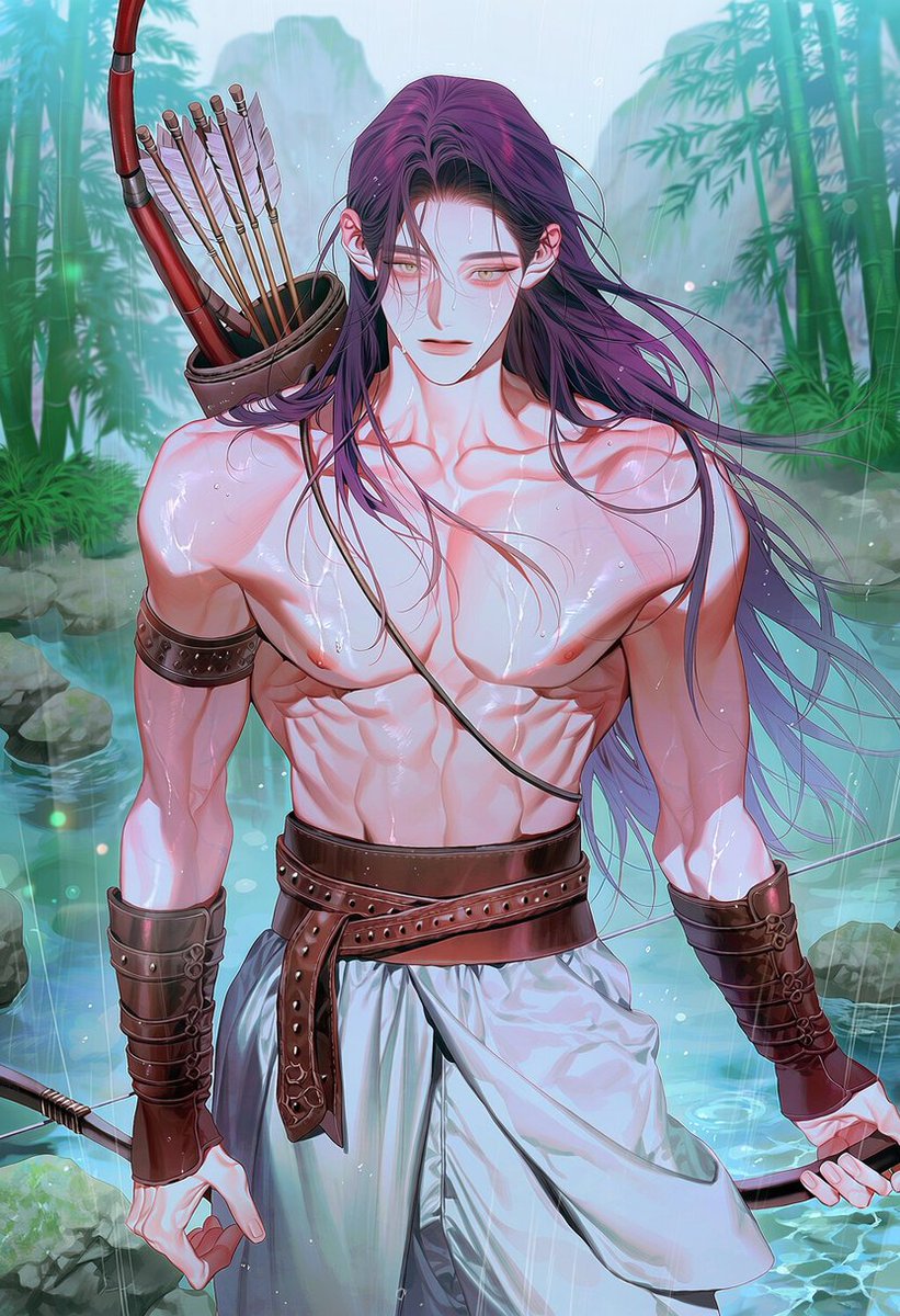 2__han__'s tweet photo. ᴾᴿᴼᴹᴾᵀ           
프롬프트 공유 _ 자유롭게 수정, 사용

bare shoulders, shirtless upper body, pronounced back muscles, leather bracers, gauntlets, upper arm band, traditional korean attire, white baji, traditional skirt-like lower garment over trousers, sash, leather belt, quiver with traditional arrows on back, Gakgung, traditional Korean bow, 7:: long hair::

holding traditional bow and arrow, nocking an arrow, pulling bowstring, aiming at a distance, back view, over shoulder view, powerful stance, dramatic angle, action pose, back muscles on display, sweat, rain on skin,

traditional Korean forest, ancient trees, pine trees, mossy stones, rocky mountain background, bamboo grove, falling rain, raining, misty atmosphere, dramatic lighting, low light,