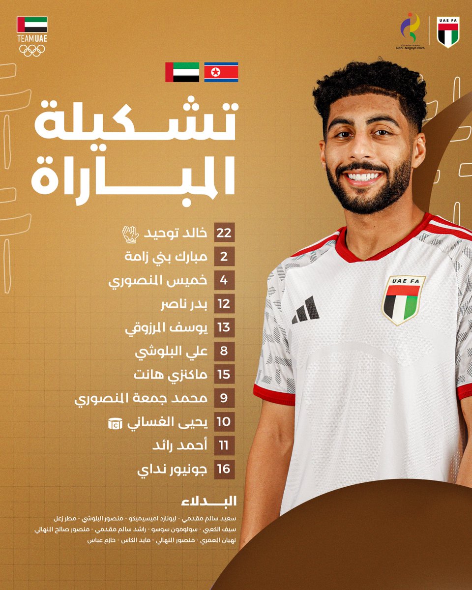 UAEFNT's tweet photo. تشكيلة الأبيض لمباراة كوريا الشمالية 🇦🇪

#منتخب_الإمارات #آيتشي_ناغويا_2026 https://t.co/YP2IM9aF5e