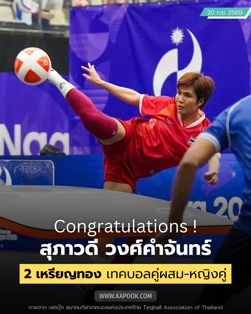 kapookdotcom's tweet photo. และนี่ก็คือโฉมหน้าของ 1 ในสาวไทย ที่เท่สุดในตอนนี้ค่ะ ! 🇹🇭 
#สุภาวดีวงศ์คำจันทร์ ผู้คว้า 2 เหรียญทองแรกให้ทีมไทย 🥇 ในศึก #เอเชียนเกมส์2026 ในวันนี้
จากการแข่งขัน #เทคบอล คู่ผสม และหญิงคู่ โดยทั้ง 2 รายการ แทบจะแข่งต่อกันทันที
แต่ทาง "สุภาวดี" ก็ทำผลงานได้อย่างดีเยี่ยม ร่วมพาทีมไทยชนะคู่แข่ง 2-0 ในทั้ง 2 นัด สุดยอดมากกกก 
#Teqball #Asiangames2026