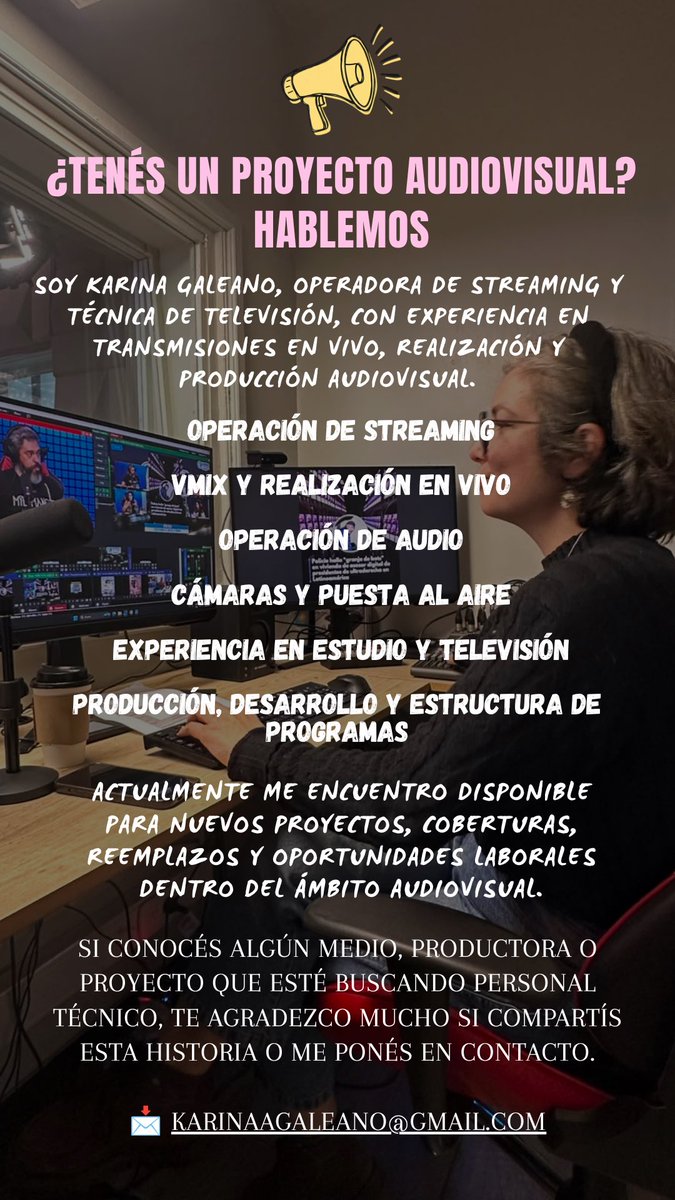 RipleyOnSet's tweet photo. Busco sumar proyectos de streaming y TV 🎥
Soy técnica de televisión y operadora de streaming, con experiencia en transmisiones en vivo, vMix, cámaras y audio.
Disponible para reemplazos, coberturas y jornadas puntuales.
📍 Zona Sur / CABA
¡se agradece compartir! https://t.co/MEePlg9ByF